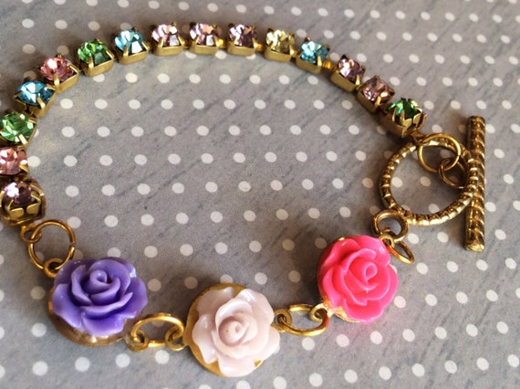 Childrens Authentic Swarovski Crystal Chain Rose Bracelet Multicolor Flower Cabochon Bohemian Style Bracelet