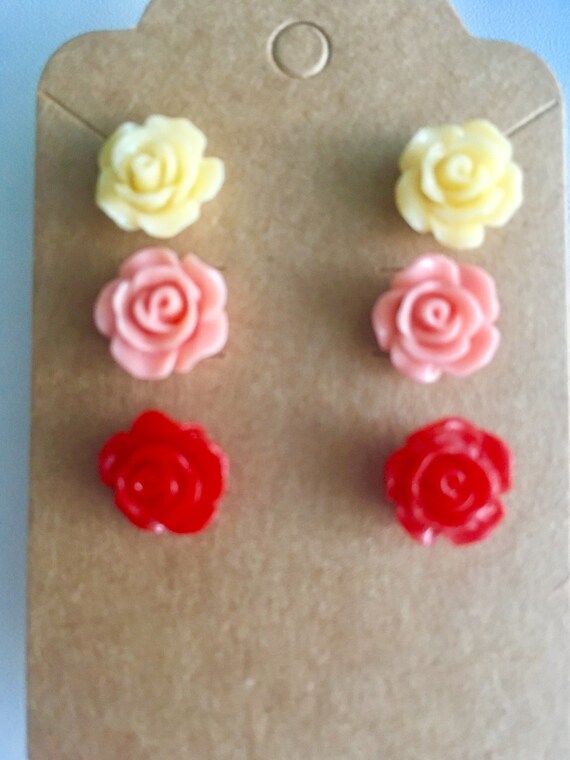 3 Piece Set of Rose Earrings for Women, Flower Earrings, Cabochon Earrings, Post Earrings, Pink Rose, Yellow Rose Earrings, Red Rose