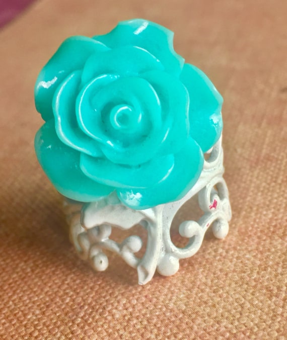 Handmade, Adjustable, Blue Rose Cab Ring for Women