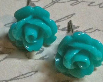Green Rose Post Earrings, Flower Earrings, Cabochon Earrings, Dangle and Drop Earrings, Vintage StyleEarrings for Women
