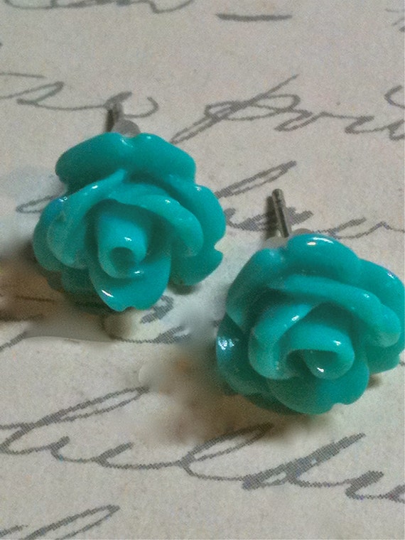 Green Rose Post Earrings, Flower Earrings, Cabochon Earrings, Dangle and Drop Earrings, Vintage StyleEarrings for Women