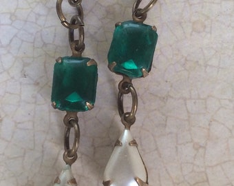 Handmade Green and Pearl Art Deco Dangle and Drop Earrings for Women