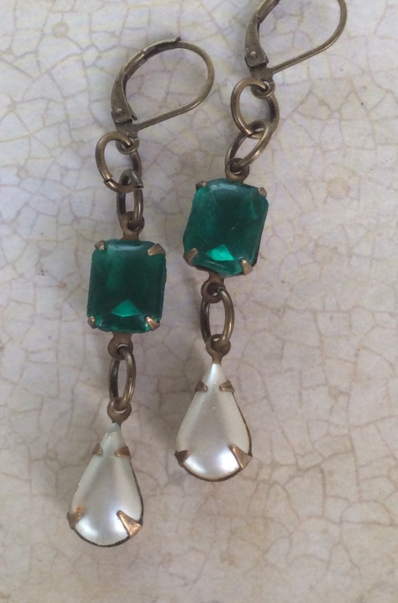 Handmade Green and Pearl Art Deco Dangle and Drop Earrings for Women