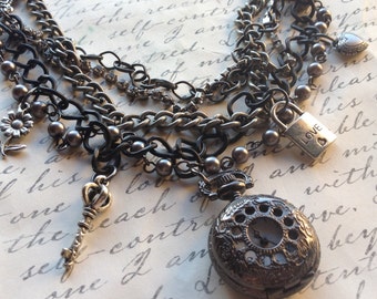 Handmade Multistrand Pocketwatch and Charm Steampunk Necklace