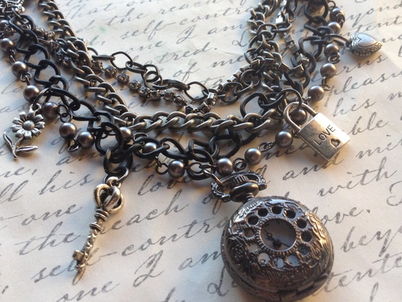 Handmade Multistrand Pocketwatch and Charm Steampunk Necklace