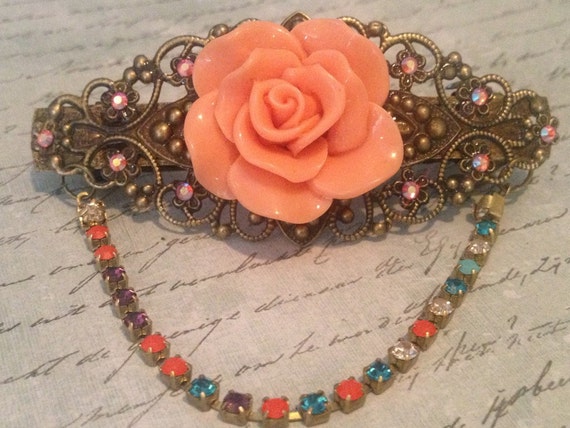 Handmade Rose and Swarovski Crystal Chain Barrette for Women