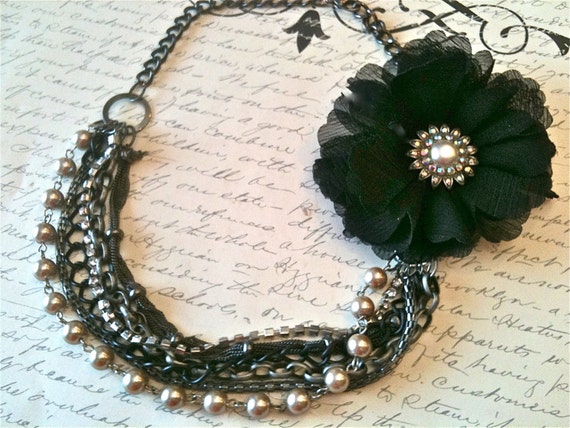 Handmade Fabric Flower Necklace for Women, Wedding Necklace, Black Flower Multistranded Beaded Necklace
