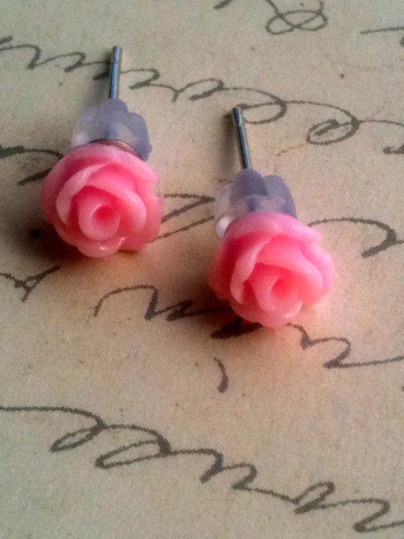 Children's Pink Rose Cabochon Earrings for Little Girls