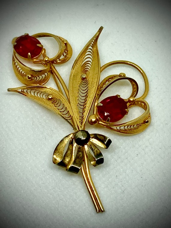 Handmade Gold and Red Rhinestone Flower Brooch, Vintage Brooch, Vintage Pin, Vintage Lapel, Gold and Red Rhinestone Pin