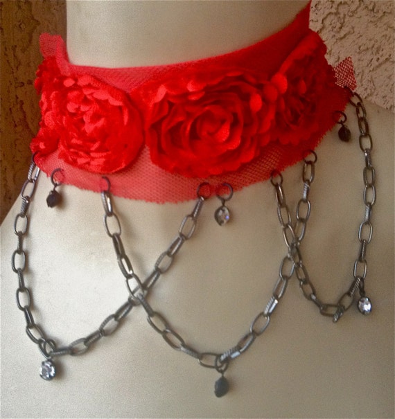 Handmade Red Rose Lace Fabric Choker Necklace