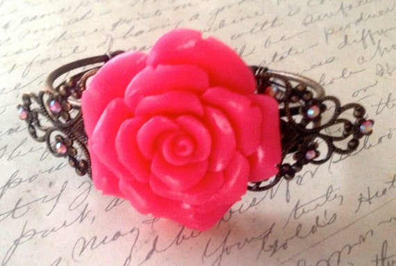 Handmade Pink Rose Bangle Bracelet with Swarovski Crystals