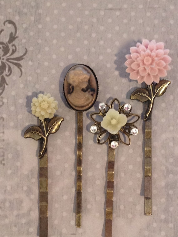 Handmade Cameo and Flower Bobby Pin Set of 4