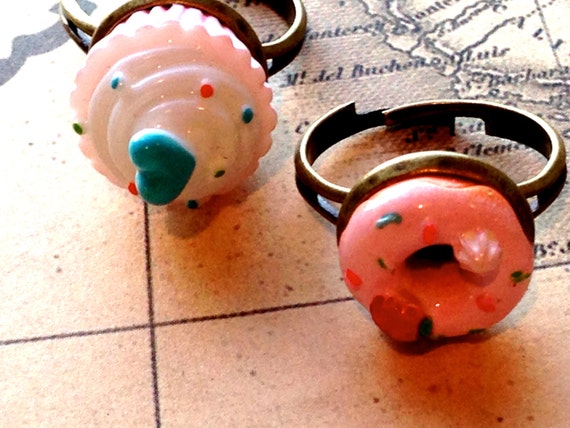 Girls Cupcake Ring or Donut Cabochon with Antique Bronze Filigree Kitsch Fashion