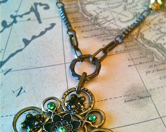 Jewelry Necklaces, Metal Necklace, Unique necklace, Antique Gold Necklace, Green Flower Pendant,  Women's Necklace, Pendant Necklace