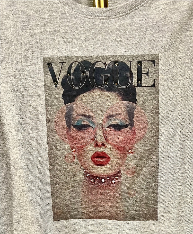 Handmade Retro Lady Vogue T-Shirt for Women with Authentic Swarovski Crystals image 1