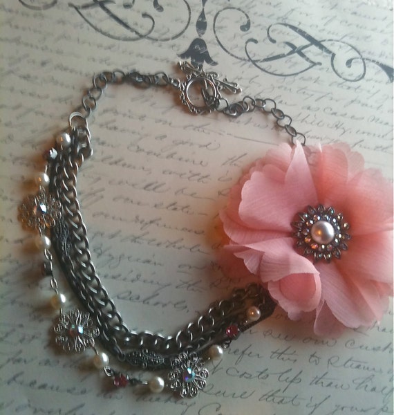 Handmade Fabric Flower Necklace, Vintage Necklace, Victorian Necklace, Steampunk Necklace, Romantic Necklace, Pink Flower Pendant