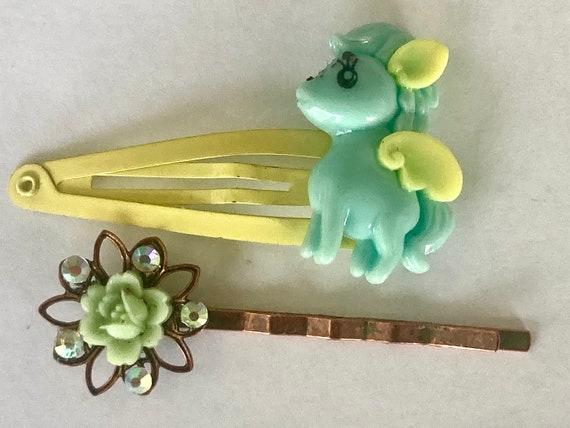 Handmade Unicorn and Vintage Flower Bobby Pins for Hair