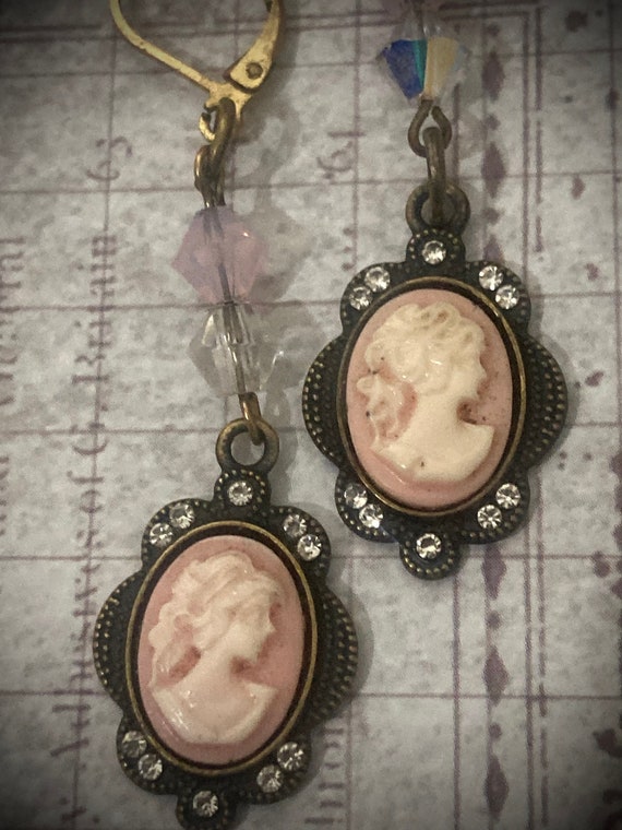 Handmade Pink Cameo Dangle and Drop Earrings