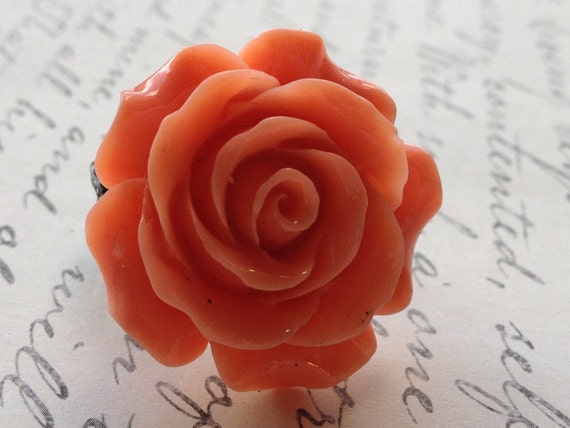 Orange Rose Flower Ring, Adjustable Ring, Vintage Ring