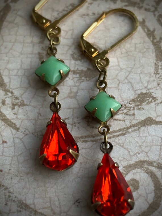 Orange & Green Crystal Earrings for Women, Dangle and Drop Earrings, Swarovski Crystal Earrings, Vintage Earrings, Antique Earring, Art Deco