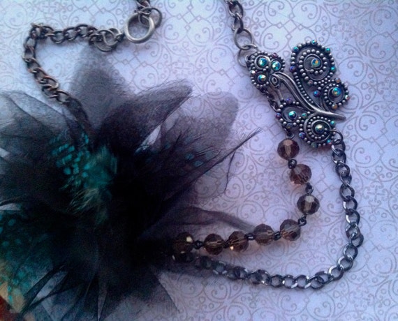 Fabric Flower Feather Peacock Necklace, Necklace for Women