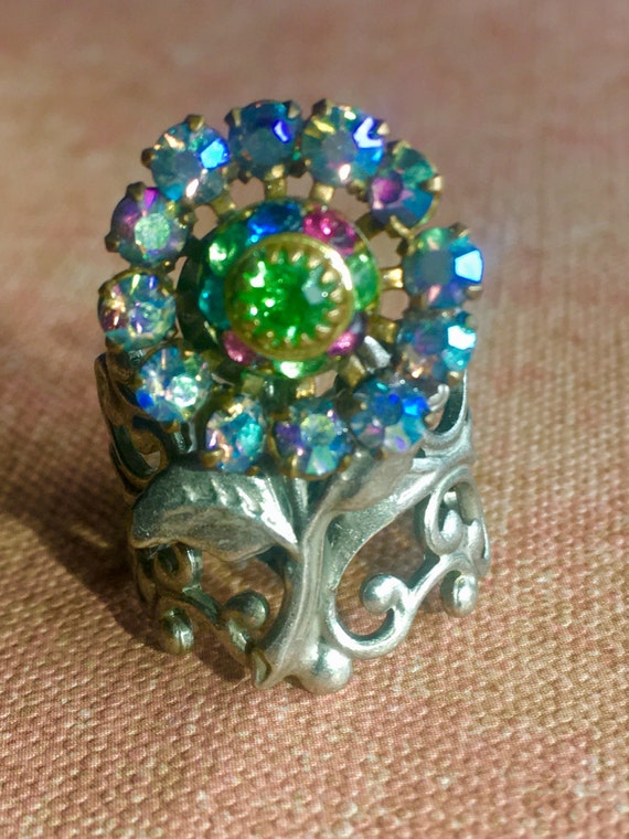 Handmade Vintage Swarovski Adjustable Flower Ring for Women