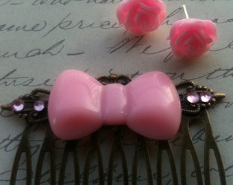 Handmade Pink Post Earrings and Bow Hair Comb