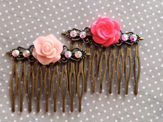 Hair Accessories, Hair Combs, Rose Cabochon Hair ComSwarovski Crystal Hair Combs