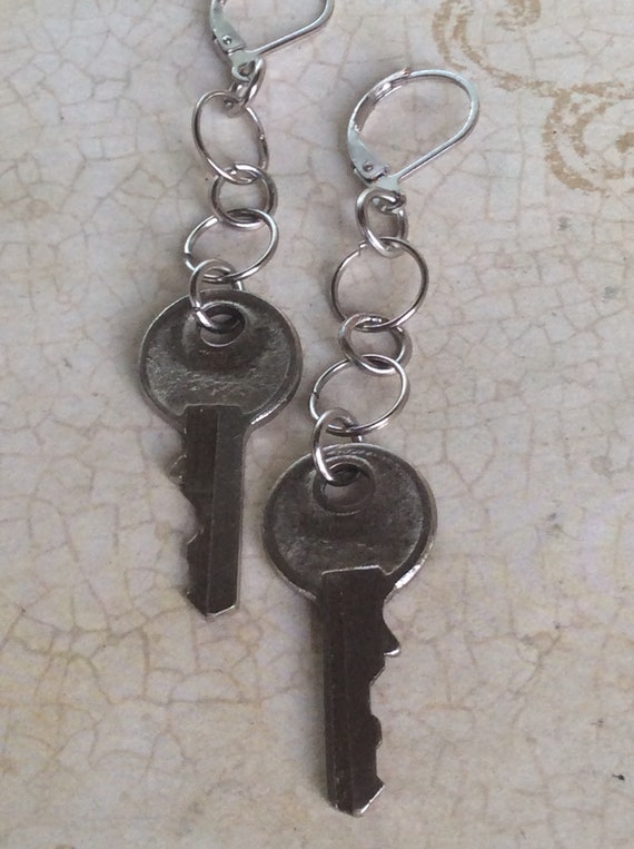 Jewelry, Earrings, Vintage Earrings, Key Earrings, Silver Metal Earrings, Silver Vintage Key Earrings, Earrings for Women