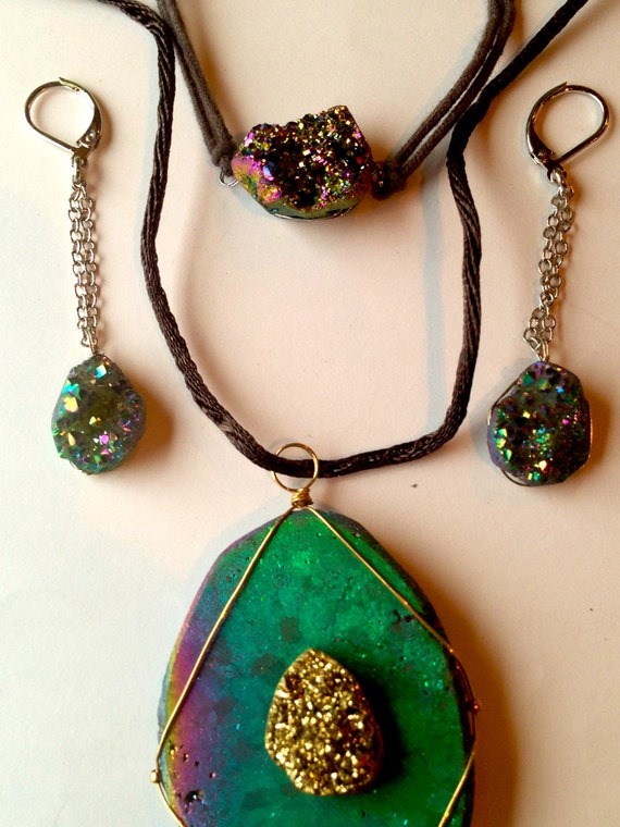 Jewelry Necklace Bracelet Earrings Natural Rock Agate Crystal Jewelry Set Bohemian Boho