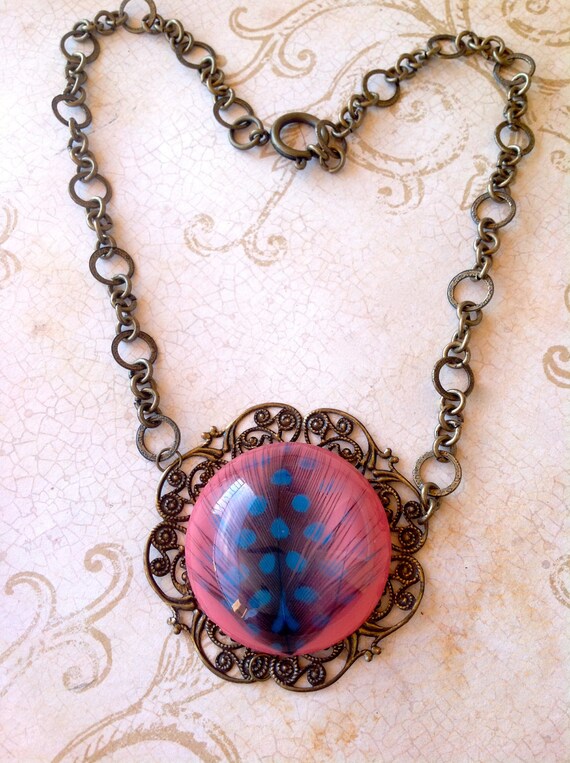 Jewelry, Necklace, Feather Cabochon Necklace, Antique Bronze, Feather Pendant Necklace.