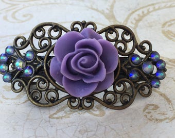 Handmade Purple Flower Hair Barrette with Swarovski Crystals