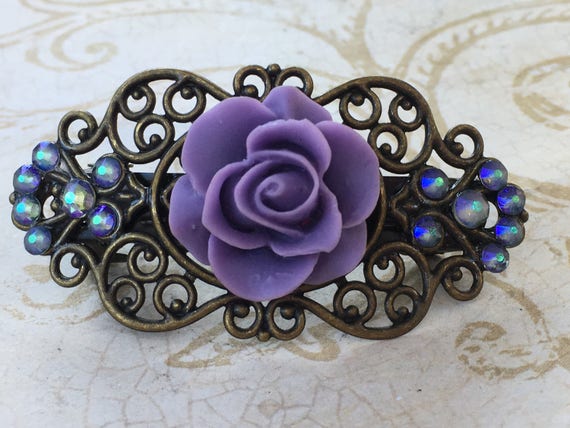 Handmade Purple Flower Hair Barrette with Swarovski Crystals