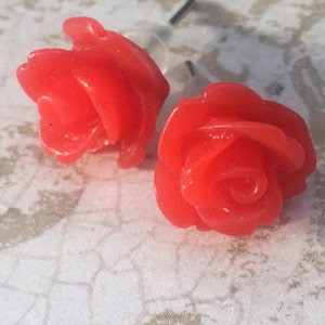Handmade Red Rose Post Earrings, Flower Earrings