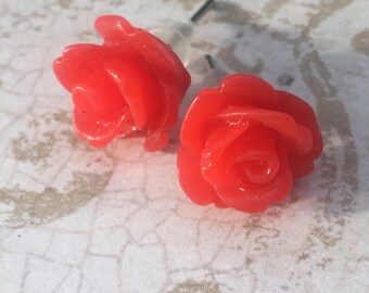 Handmade Red Rose Post Earrings, Flower Earrings
