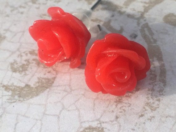 Handmade Red Rose Post Earrings, Flower Earrings