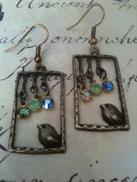 Jewelry, Earrings, Vintage Style Earrings, Bird Earrings, Vintage Earrings, Swarovski Earrings, Charms Earrings, Earrings for Women