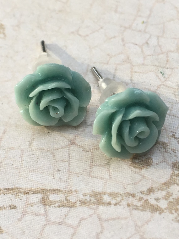 Green Rose Earrings, Flower Earrings, Cabochon Earrings, Post Earrings, Vintage Style Earrings, Romantic Earrings