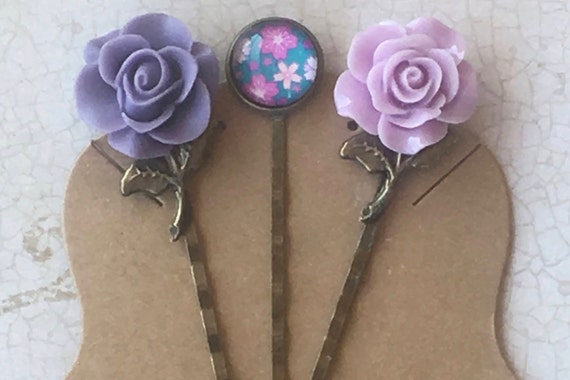 Handmade Purple Rose Bobby Pins