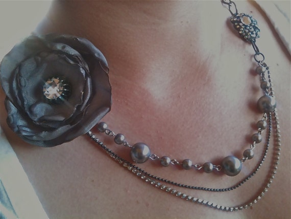 Handmade Gray Fabric Flower Necklace