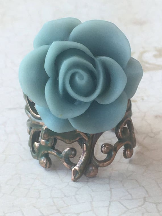 Handmade, Adjustable, Blue Rose Cab Ring for Women