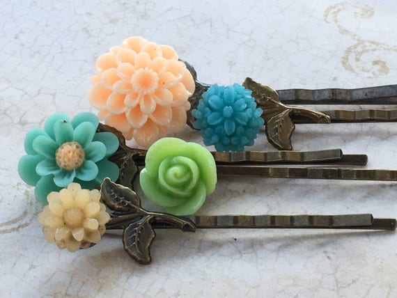 Handmade Green and Blue Flower Bobby Pin Set