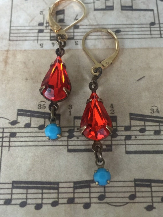 Handmade Orange and Blue Swarovski Crystal Earrings