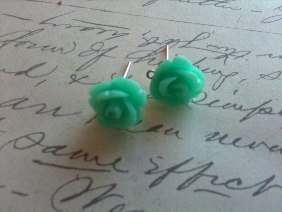 Childrens Rose Earrings Mint Green Rose Flower Cabochon Posts