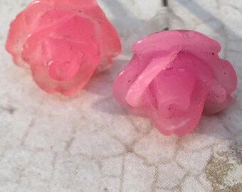 Pink Rose Post Earrings for Women, Flower Earrings, Cabochon Earrings, Post Earrings, Vintage Style Earrings, Romantic Earrings