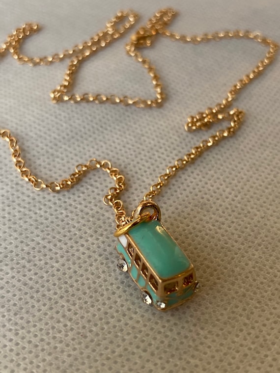 Handmade Bus Pendant Necklace, 60’s Necklace, Pendant Necklace, Retro Jewelry, Jewelry, Blue Charm Necklace