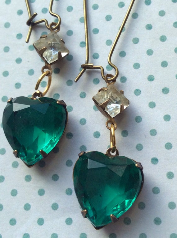 Earrings for Women, Vintage Jewelry, Crystal Earrings, Art Deco Earrings, Heart Earrings, Dangle Drop Earrings, Antique Jewelry