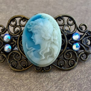 Handmade Blue Cameo Hair Barrette for Women with Swarovski Rhinestones