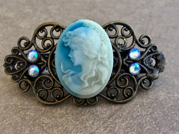 Handmade Blue Cameo Hair Barrette for Women with Swarovski Rhinestones