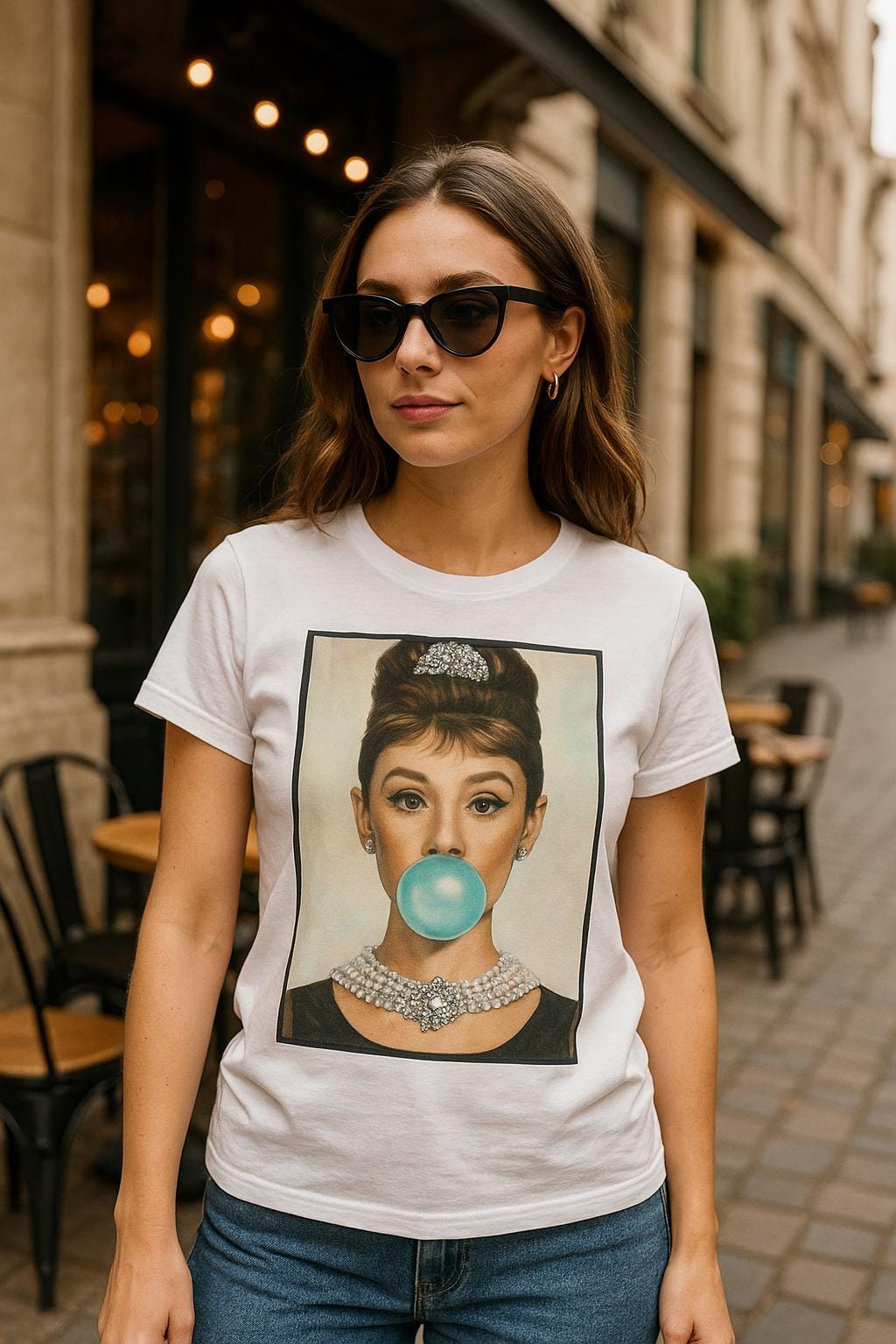 Handmade Audrey Hepburn T-Shirt for Women with Swarovski Crystal Rhinestones.